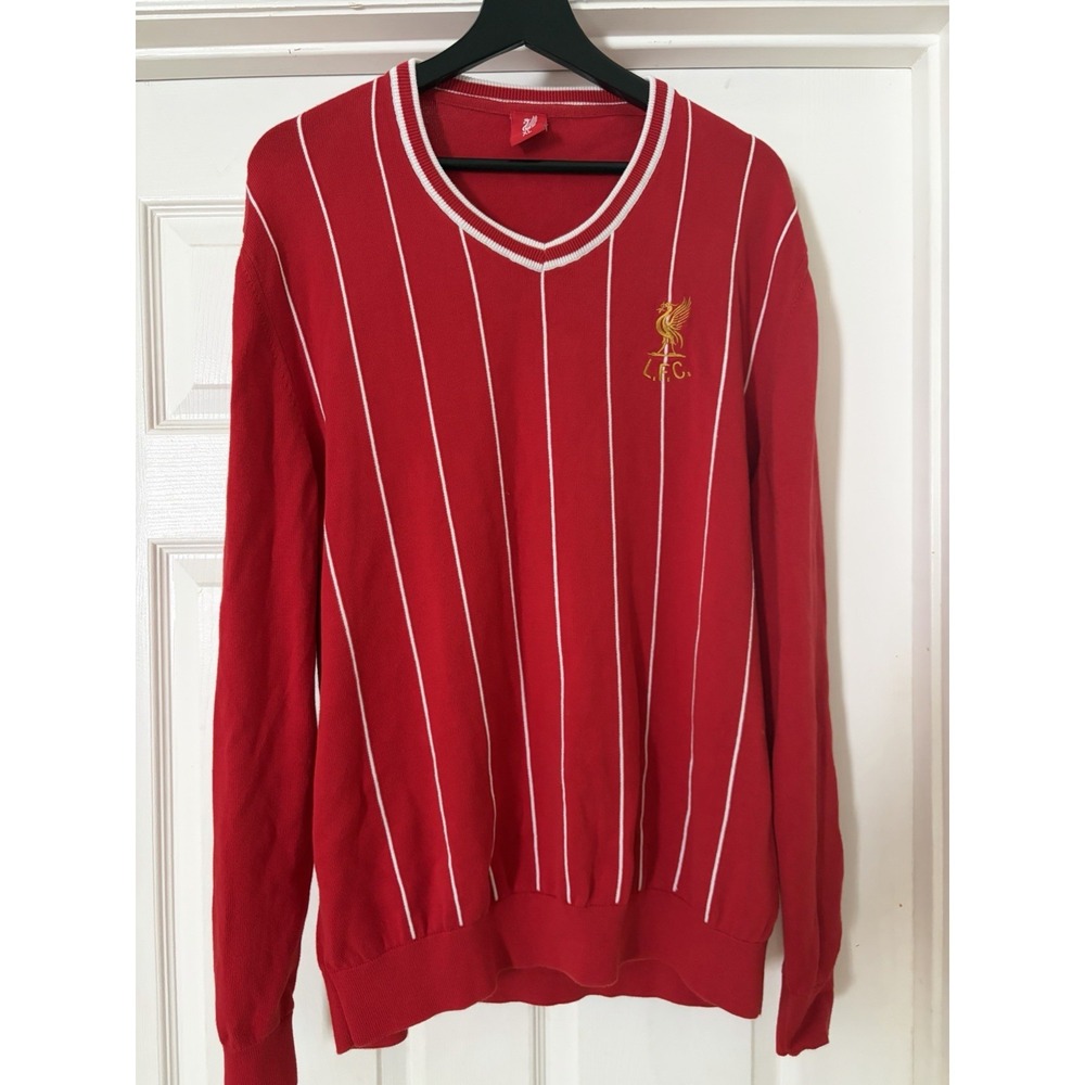 F.C. Liverpool Football Club Red White Pinstripe V-Neck Sweater Long Sleeve